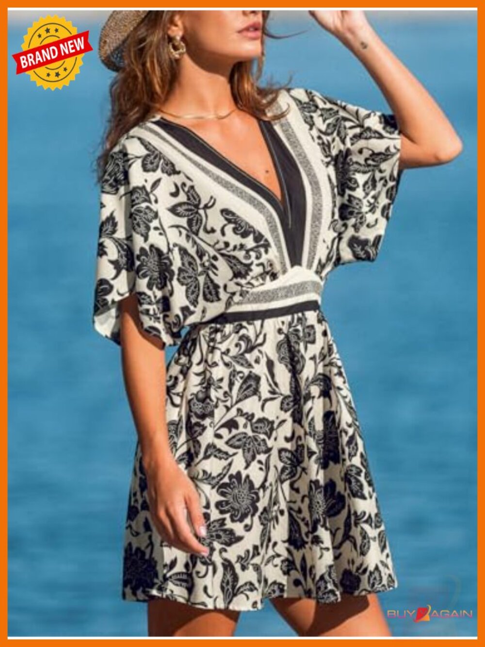 Plunging V Neck Floral Mini Dress Elastic Waist - Picture 2 of 5